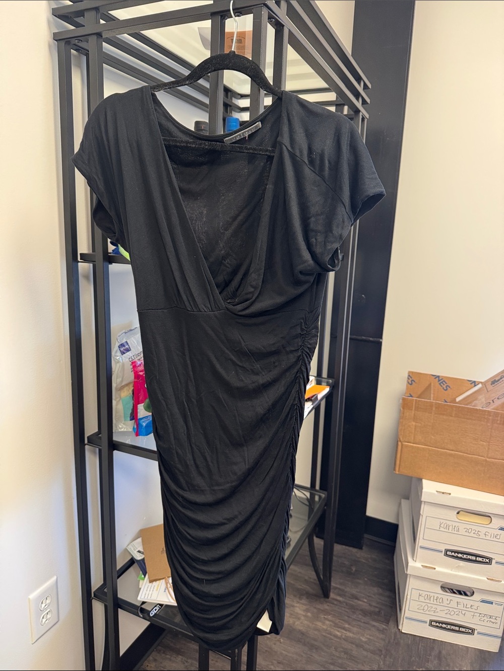Velvet Black Ruched V-Neck Midi Dress